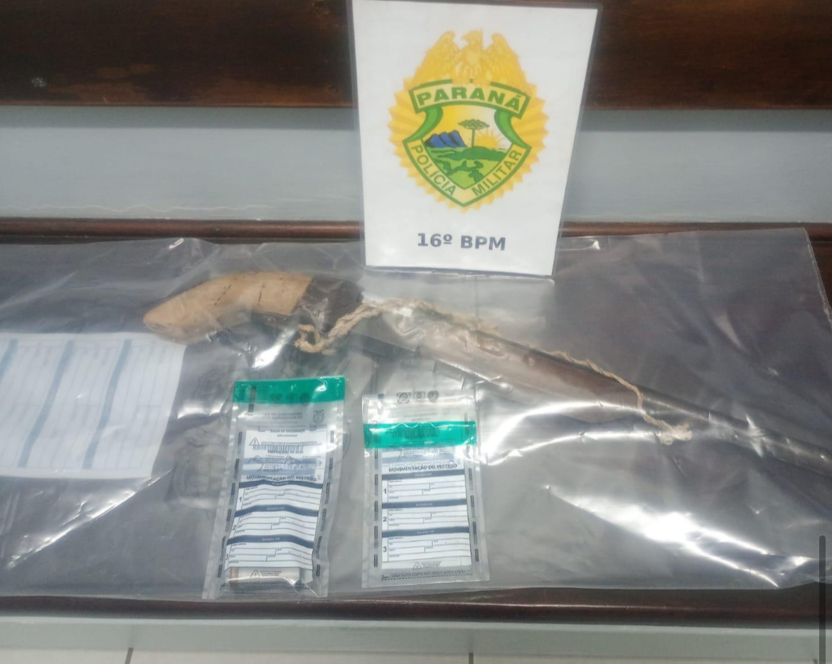 Homem é detido com arma artesanal e munições durante ocorrência de invasão de propriedade no distrito Guará, em Guarapuava  