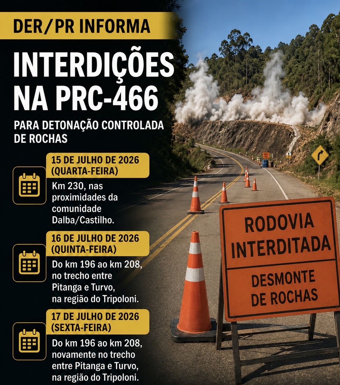 DER/PR fará interdições na PRC-466 entre os dias 15 e 17 de julho para detonação controlada de rochas  