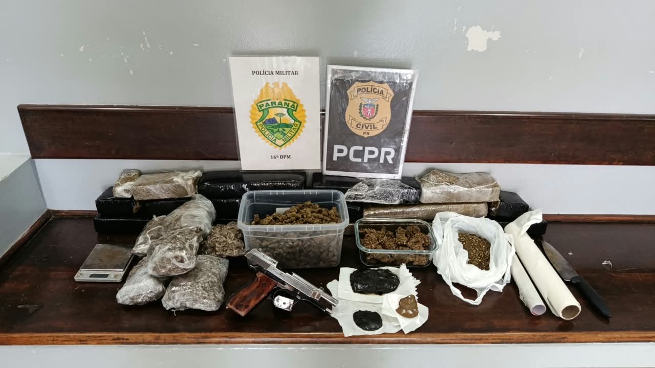 Ação conjunta entre PM e Polícia Civil resulta na prisão de três pessoas e apreensão de drogas e arma em Guarapuava  