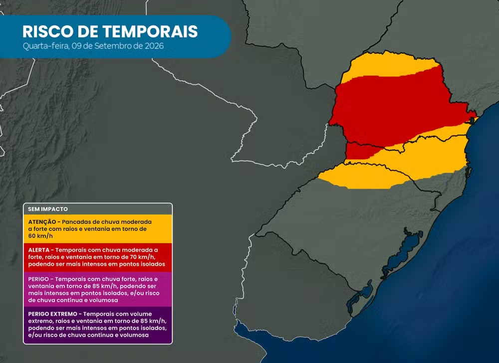 Paraná recebe alerta sobre onda de tempestades com chuvas volumosas e ventos de 70 km/h; veja previsão do tempo  