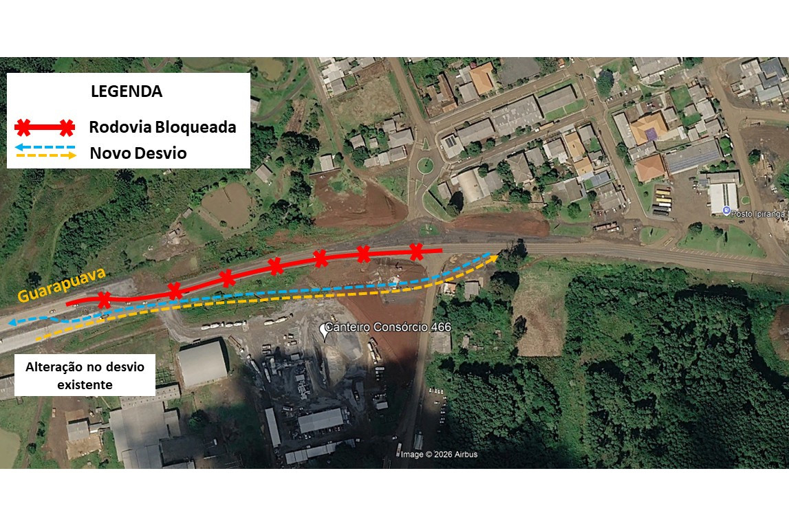 PRC-466 terá desvio a partir desta quarta (2) em Palmeirinha, distrito de Guarapuava  